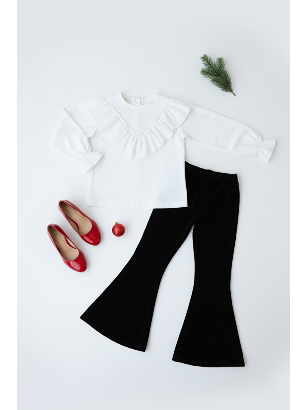 Kız Çocuk Velvet Uzun Kollu Fırfırlı Body Bluz Ispanyol Kadife Tayt Pantolon Takım Siyah-3