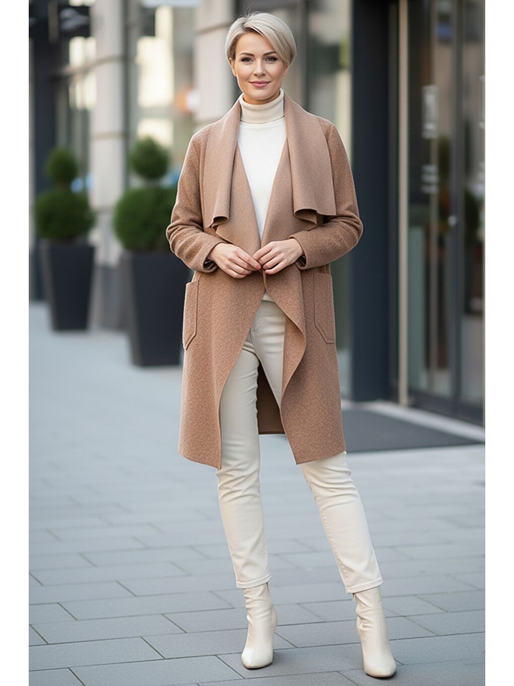 Kahverengi İtalyan Camel Şal Yaka Uzun Kol Cepli İnce Kırçıllı Casual Kaşe Oversize Dokuma Ceket 105 65-1