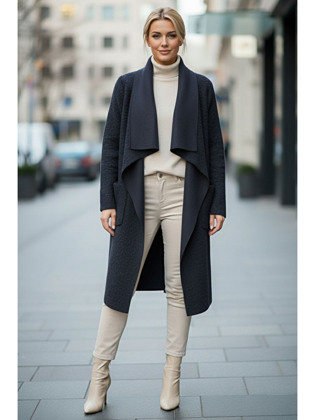 İtalyan Lacivert Şal Yaka Uzun Kol Cepli İnce Kırçıllı Casual Kaşe Oversize Dokuma Ceket 105 65