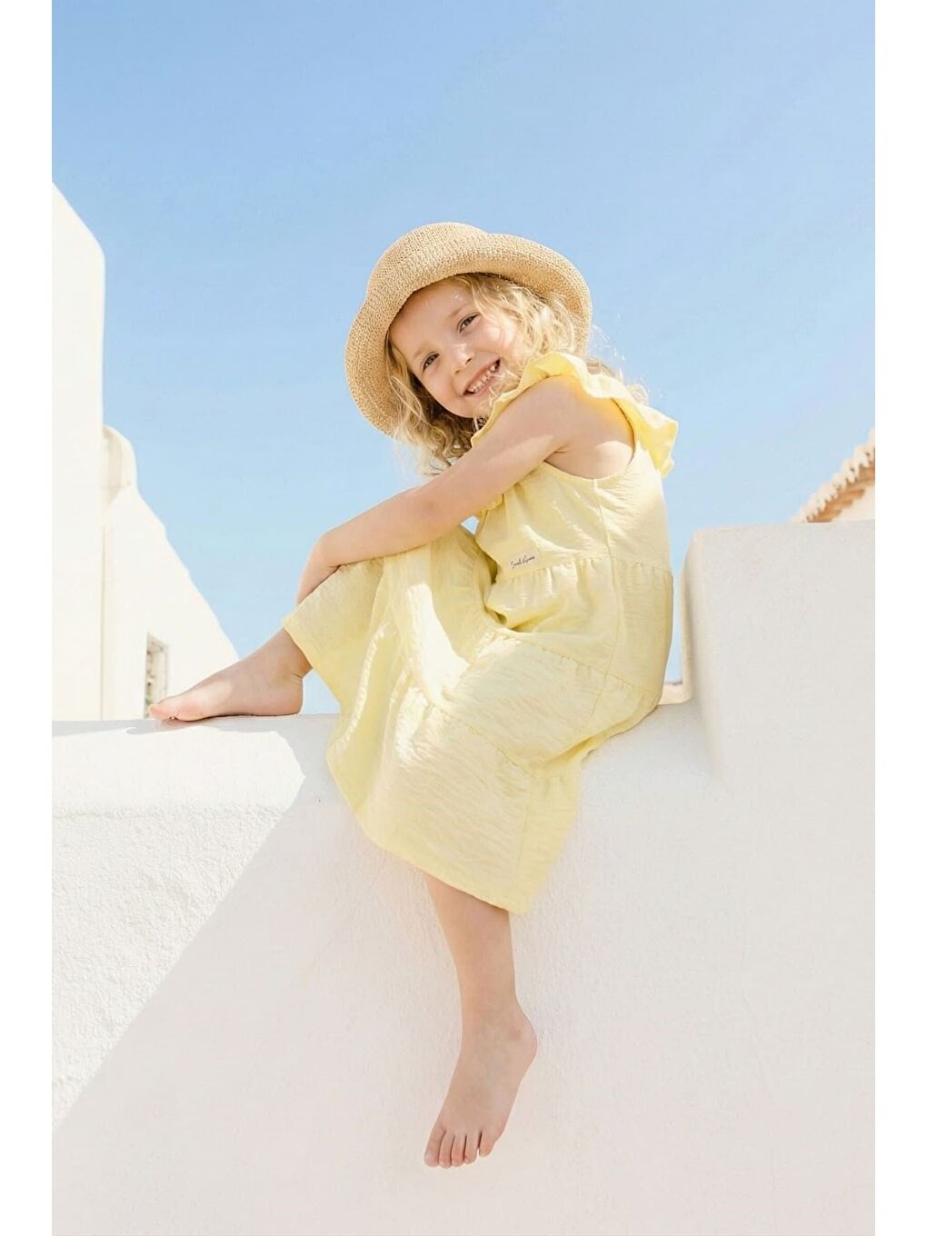 Kız Çocuk Volanlı Midi Elbise - Sarı-1