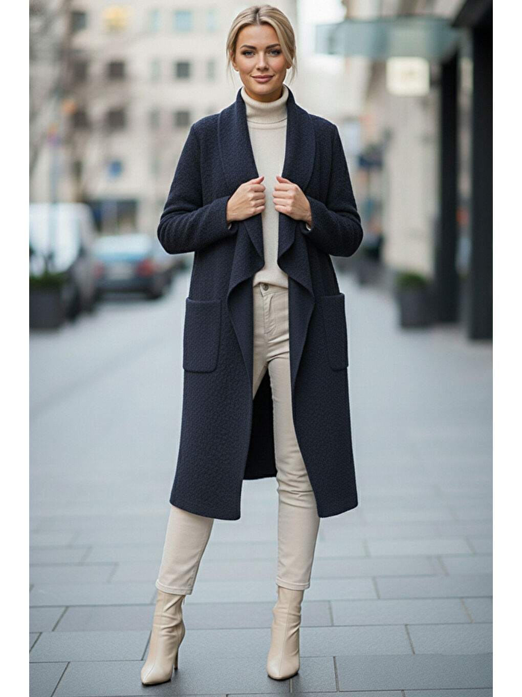 İtalyan Lacivert Şal Yaka Uzun Kol Cepli İnce Kırçıllı Casual Kaşe Oversize Dokuma Ceket 105 65-1