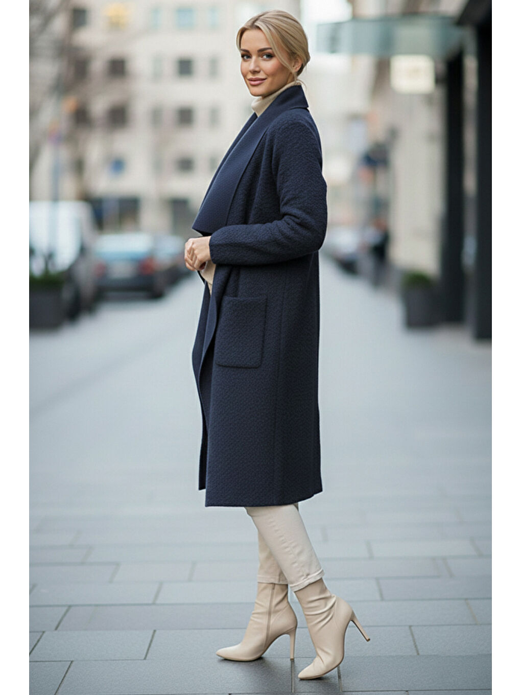 İtalyan Lacivert Şal Yaka Uzun Kol Cepli İnce Kırçıllı Casual Kaşe Oversize Dokuma Ceket 105 65-2