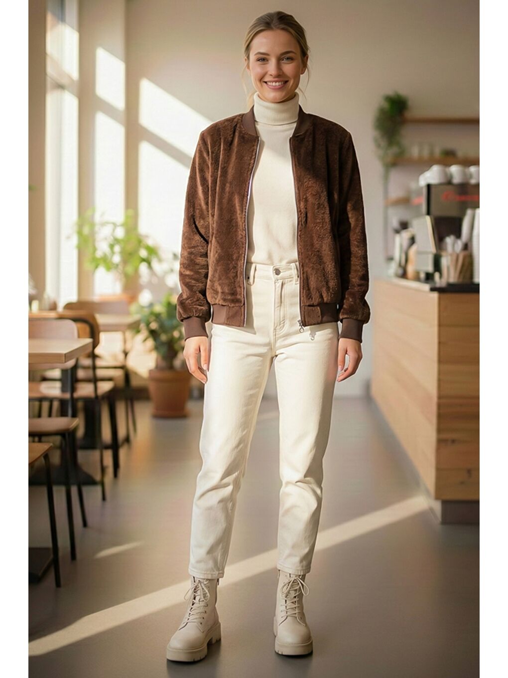 Kahverengi İtalyan Açık Kahve Bomber Yaka Manşetli Kollu Fermuarlı Cepsiz Astarsız Dokuma Bomber Ceket 68 65-1