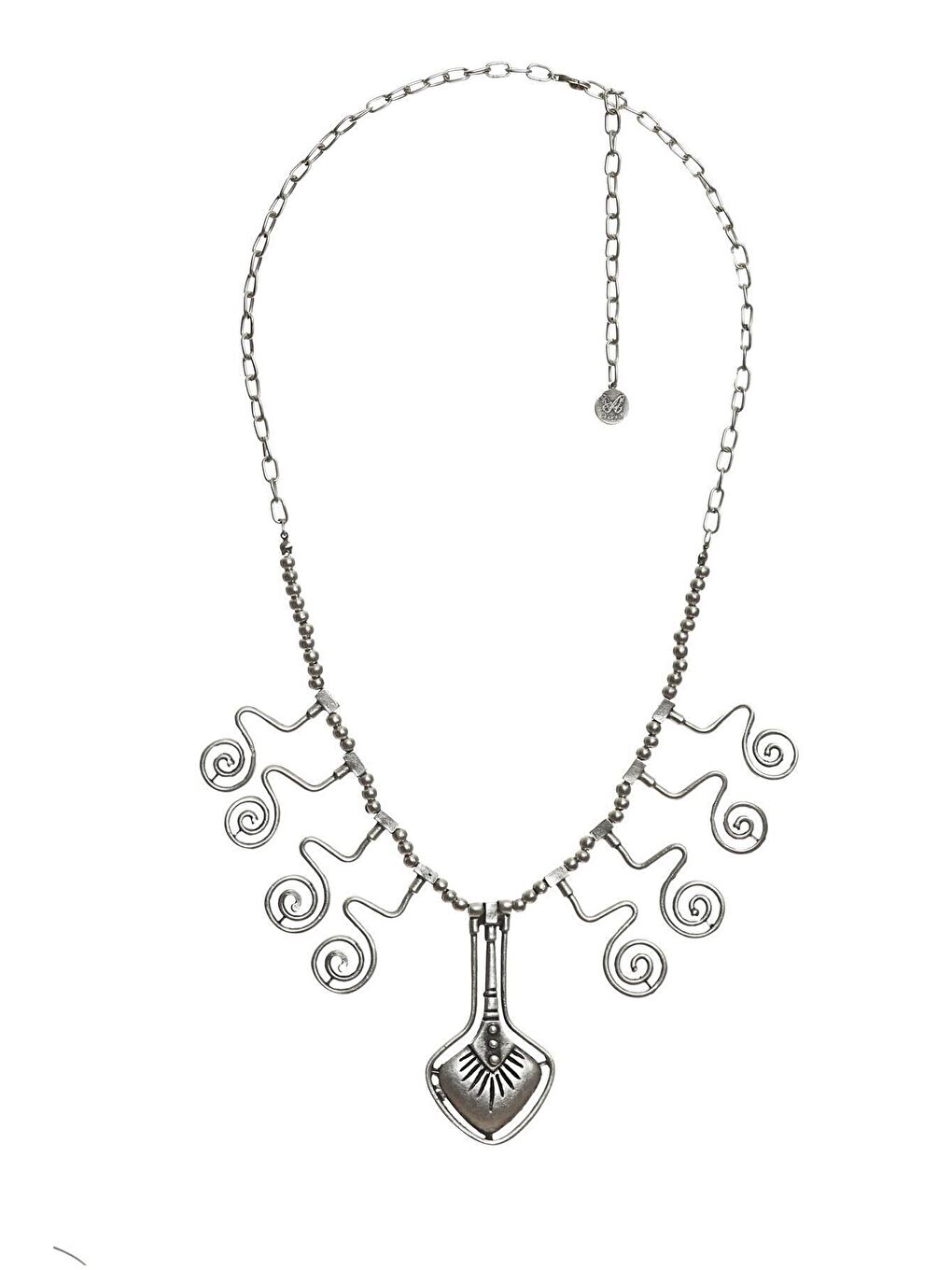 Gri Kadın Antik Gümüş Kaplama Spiral Parçalı Top Boncuk Bohem Kolye