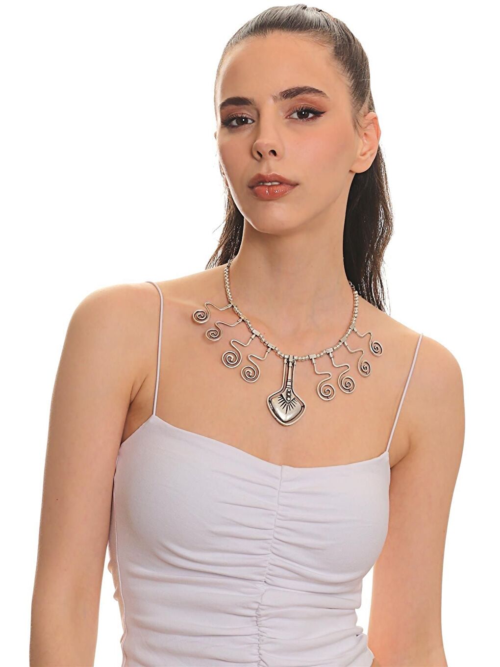 Gri Kadın Antik Gümüş Kaplama Spiral Parçalı Top Boncuk Bohem Kolye-1