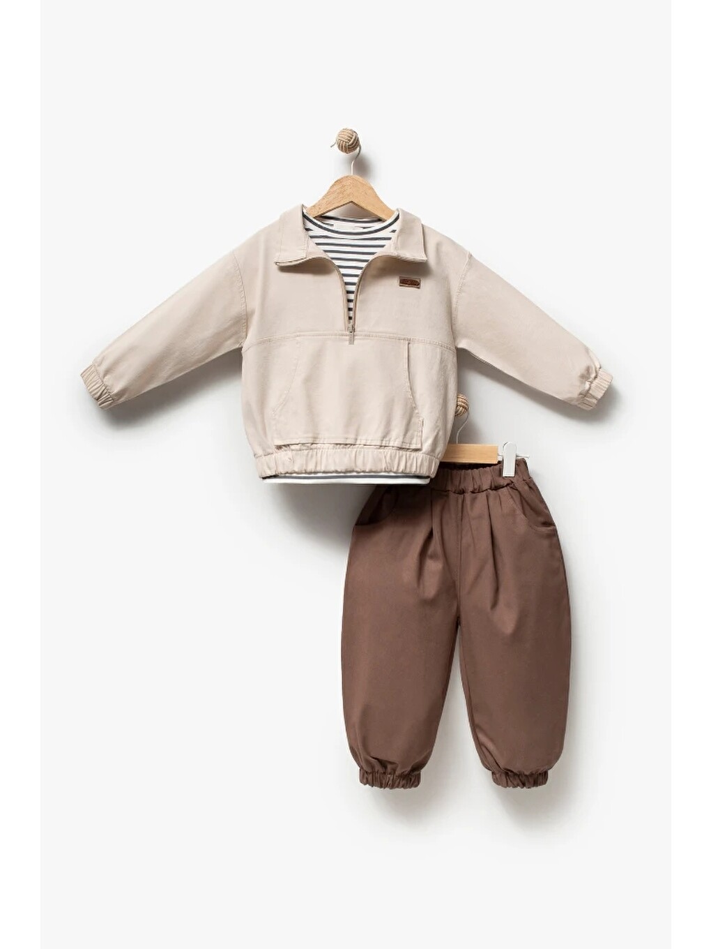 Bej Erkek Çocuk Yarım Fermuarlı Sweatshirt, Çizgili Tişört Ve Jogger Pantolon 3’lü Takım 9112-5