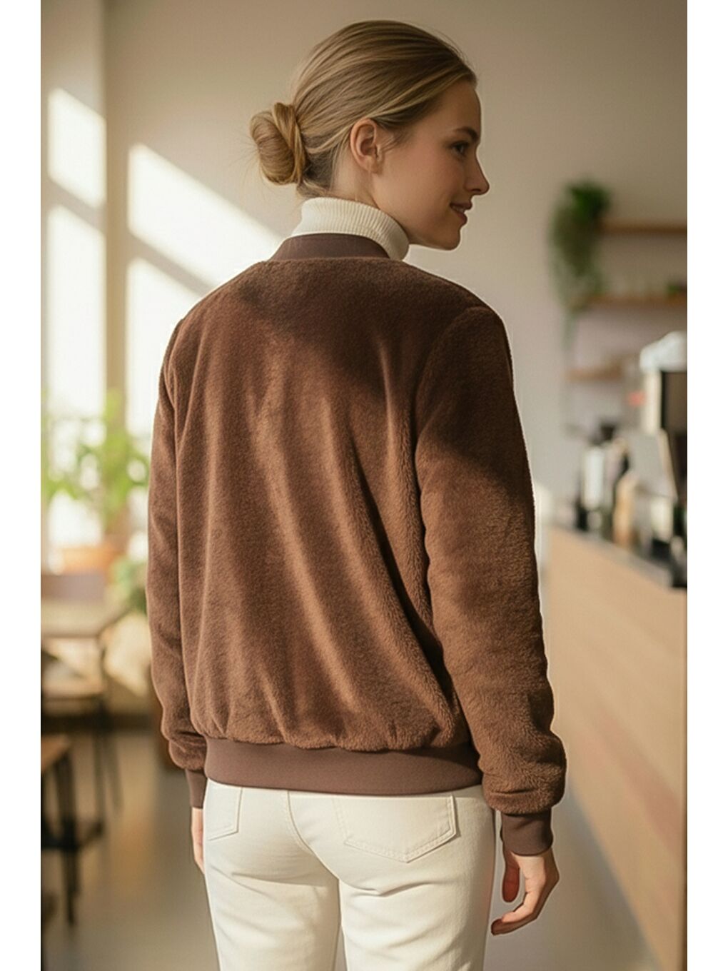 Kahverengi İtalyan Açık Kahve Bomber Yaka Manşetli Kollu Fermuarlı Cepsiz Astarsız Dokuma Bomber Ceket 68 65-3