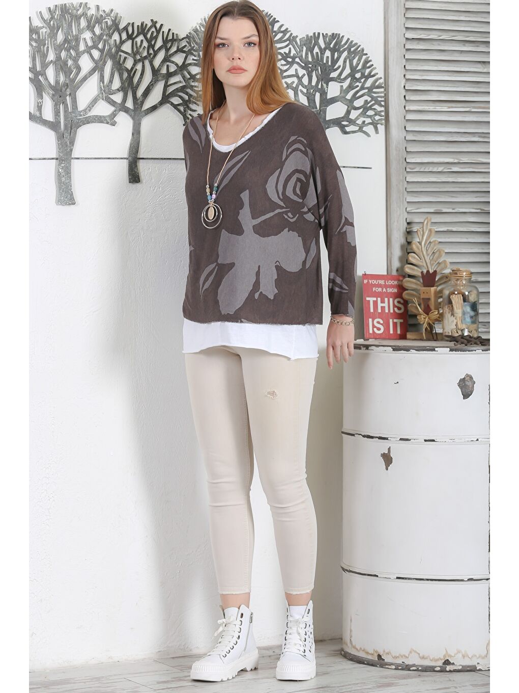 İtalyan Üçlü Set Kahverengi Yarasa Kol Yaka Ve Etek Ucu Lurex İpli Kolyeli Ve İçi Basic Triko Bluz-3