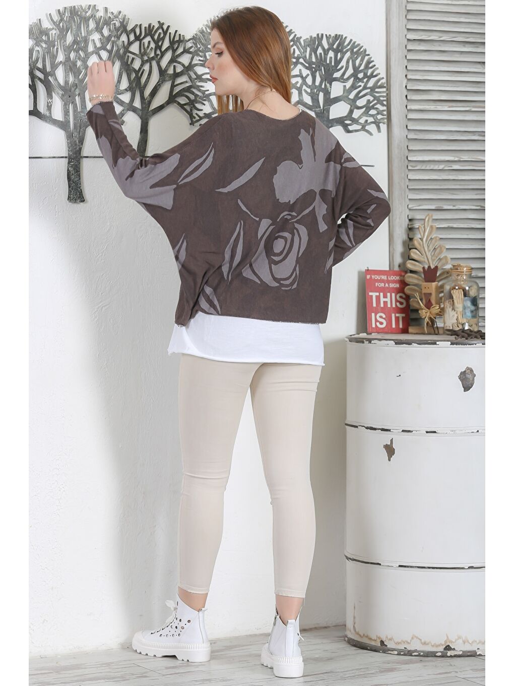 İtalyan Üçlü Set Kahverengi Yarasa Kol Yaka Ve Etek Ucu Lurex İpli Kolyeli Ve İçi Basic Triko Bluz-4