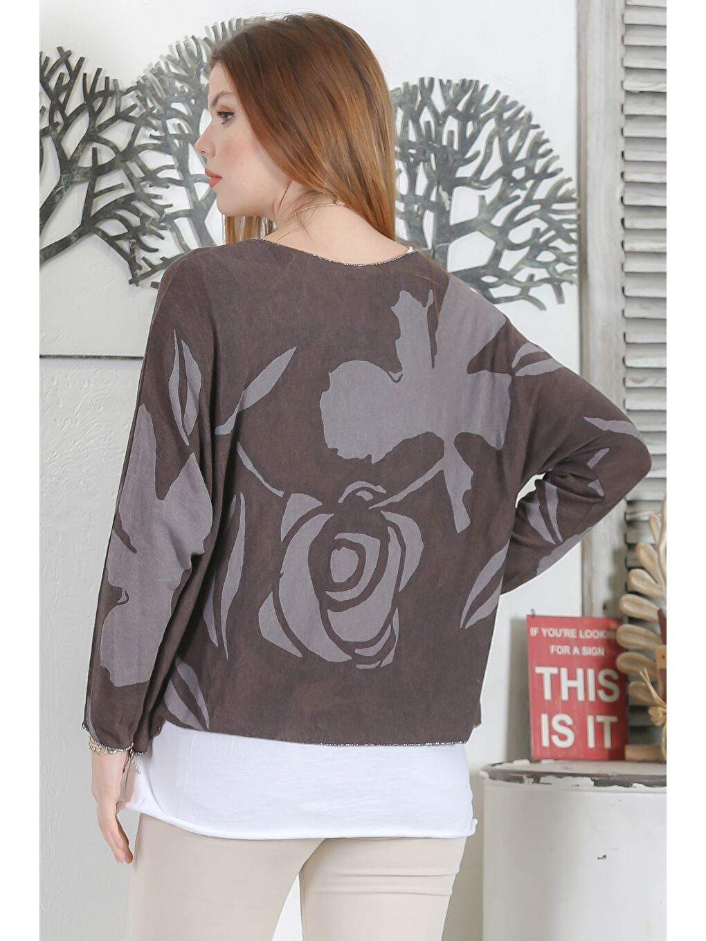 İtalyan Üçlü Set Kahverengi Yarasa Kol Yaka Ve Etek Ucu Lurex İpli Kolyeli Ve İçi Basic Triko Bluz-5