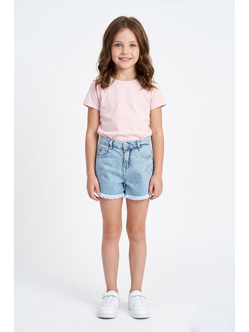 Mavi Yıldız Taşlı Püsküllü Kız Çocuk Şort