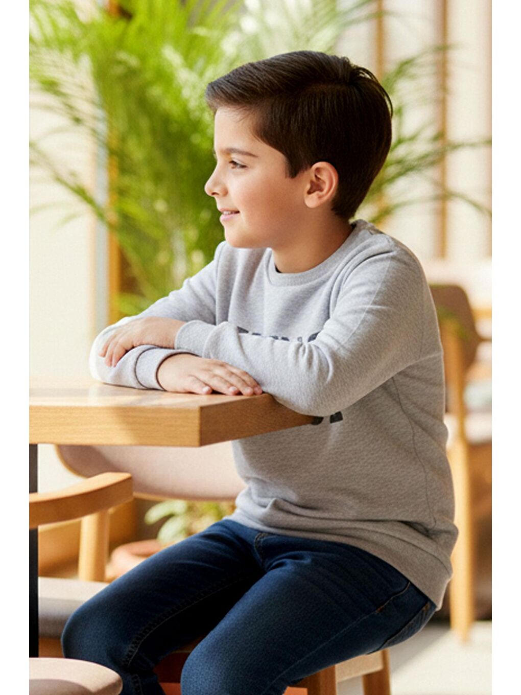 Erkek Çocuk Sweatshirt Yazı Baskılı Açık Gri Melanj (8-14 Yaş)-1