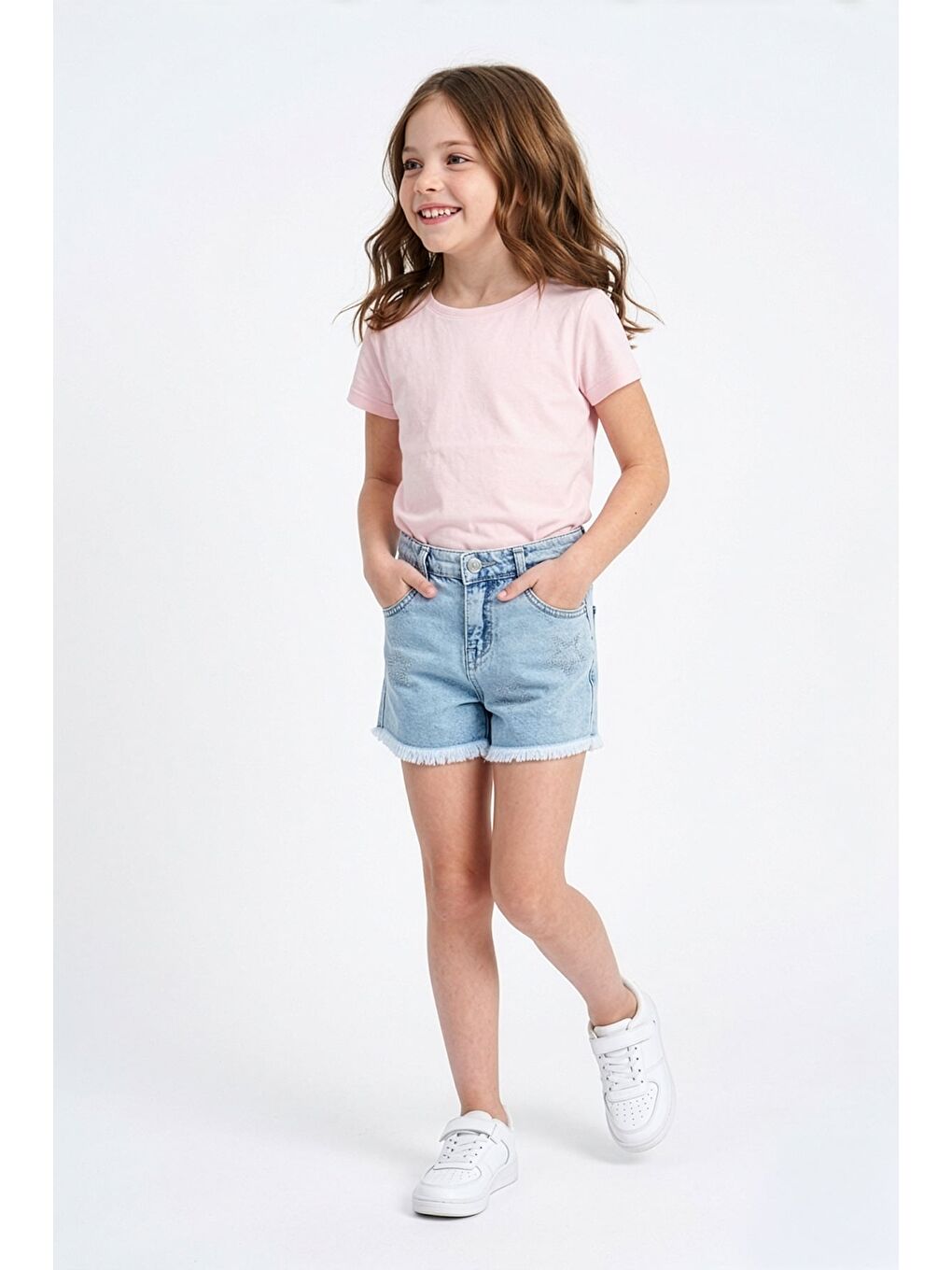 Mavi Yıldız Taşlı Püsküllü Kız Çocuk Şort-1