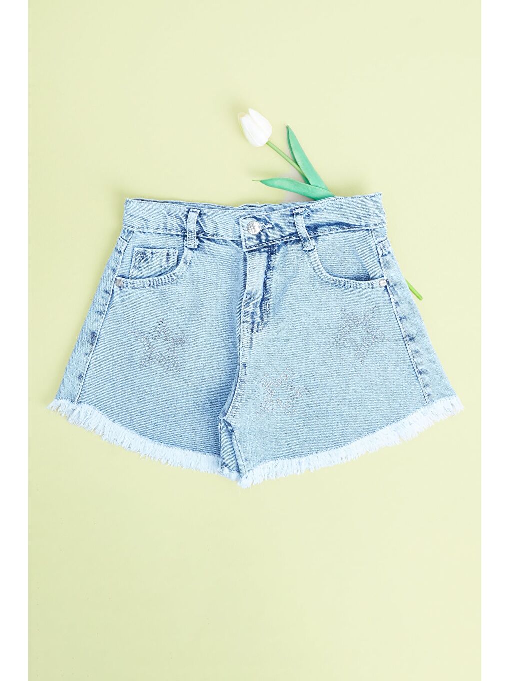 Mavi Yıldız Taşlı Püsküllü Kız Çocuk Şort-2
