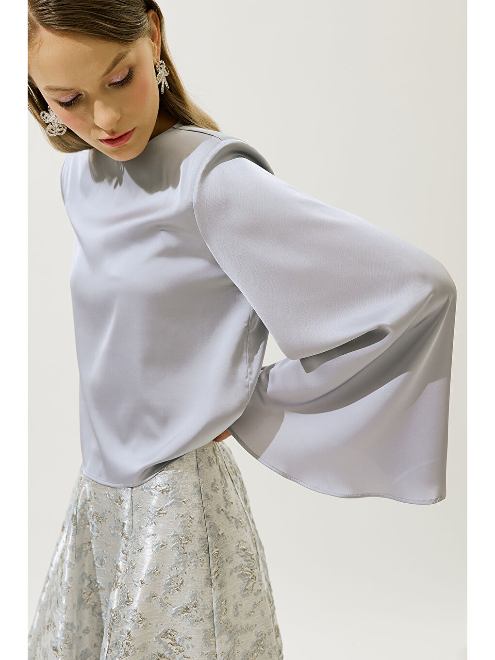 Saten Geniş Kol Bluz Lila-1