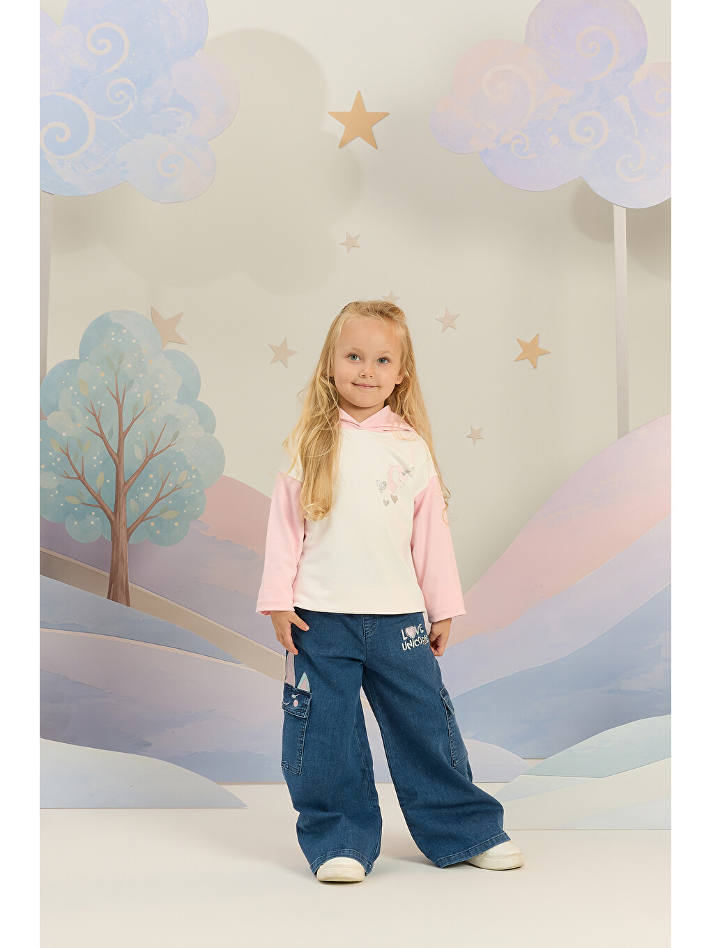 Desenli Modal Elastan Oversıze Kapüşonlu Sweatshırt 2-6 Yaş Pembe-1