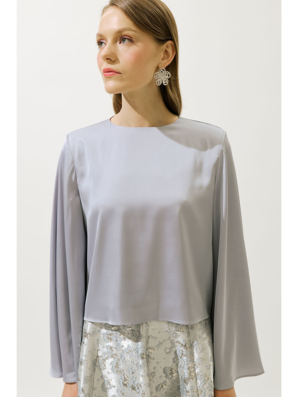 Saten Geniş Kol Bluz Lila-2