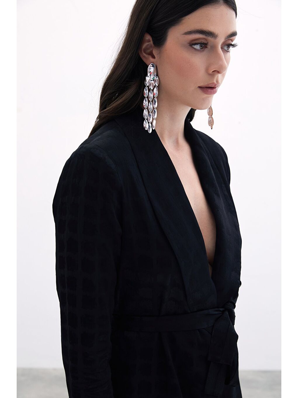 Kare Desenli Kuşaklı Ceket - Siyah-3