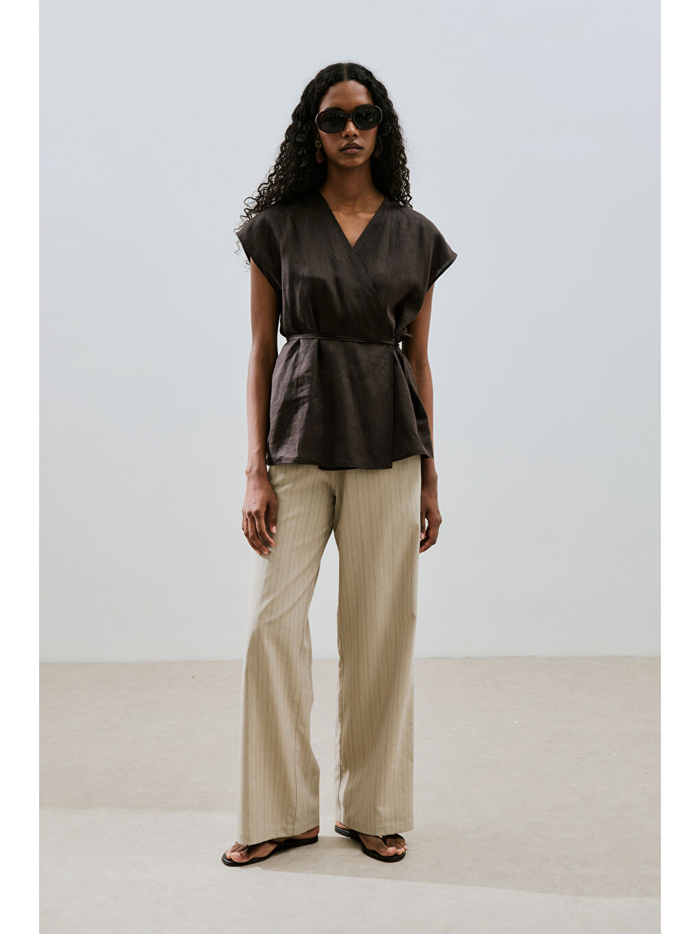 Kahverengi Keten Kolsuz Bluz Acı Kahve-3