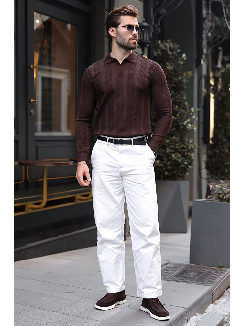 Kahverengi Regular Fit Polo Yaka Triko Erkek Kazak E7509-5