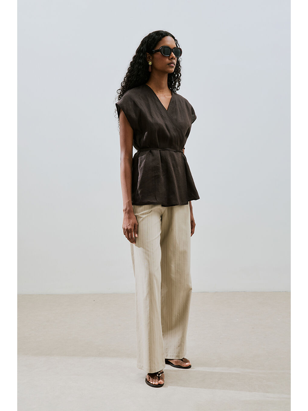 Kahverengi Keten Kolsuz Bluz Acı Kahve-6