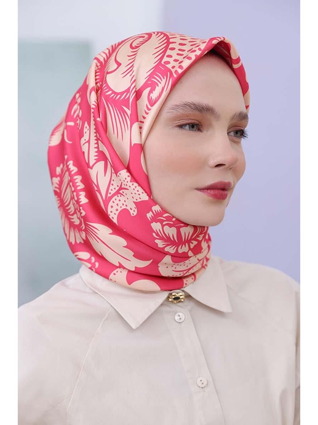 Fuşya-Bej-Desenli Twil Nora Eşarp