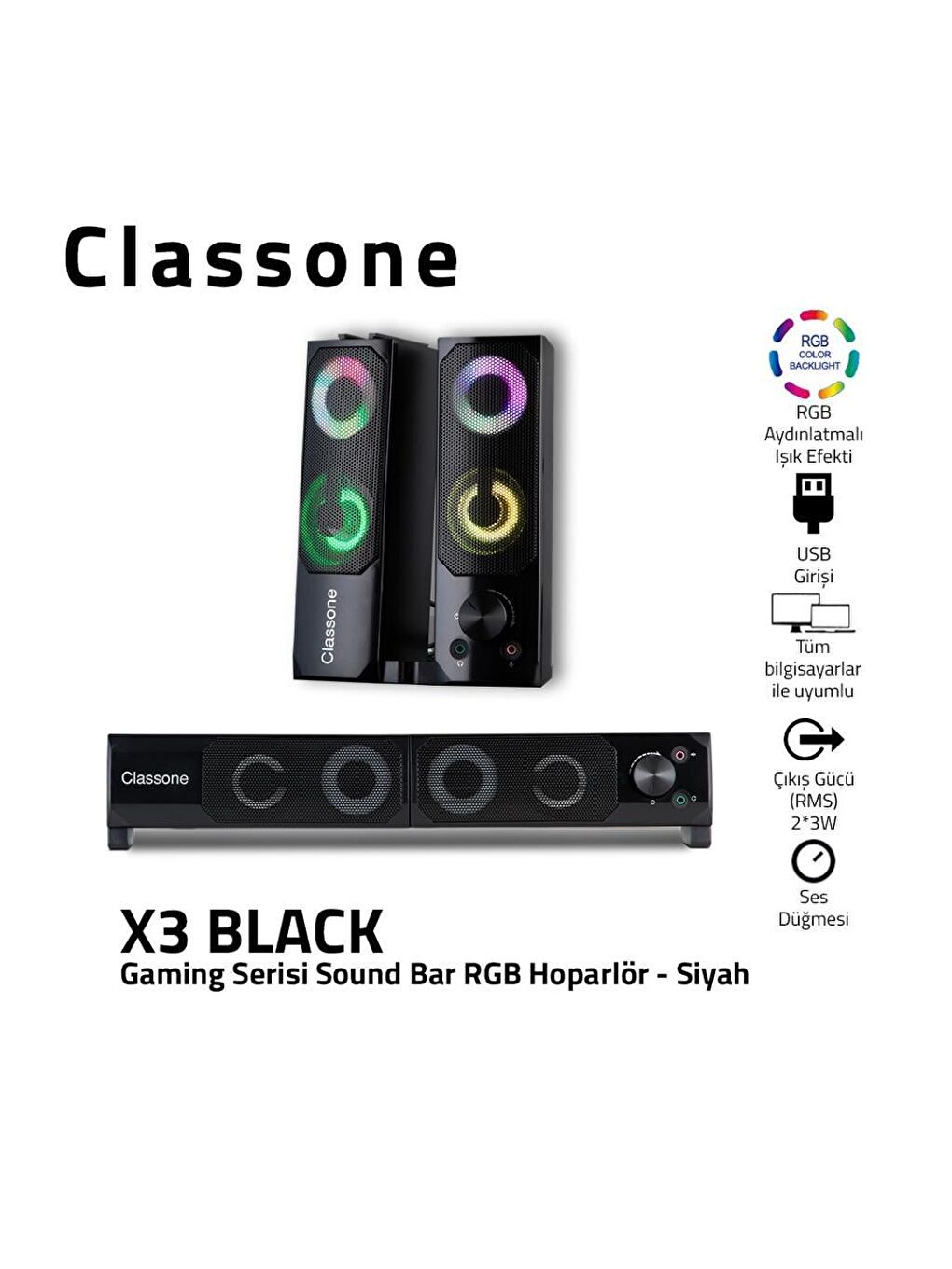 Classone X3 Black Sound Bar Rgb Hoparlör - 1