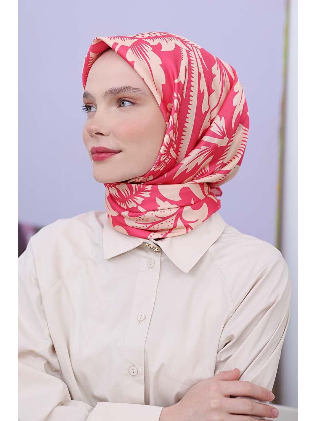 Fuşya-Bej-Desenli Twil Nora Eşarp-1