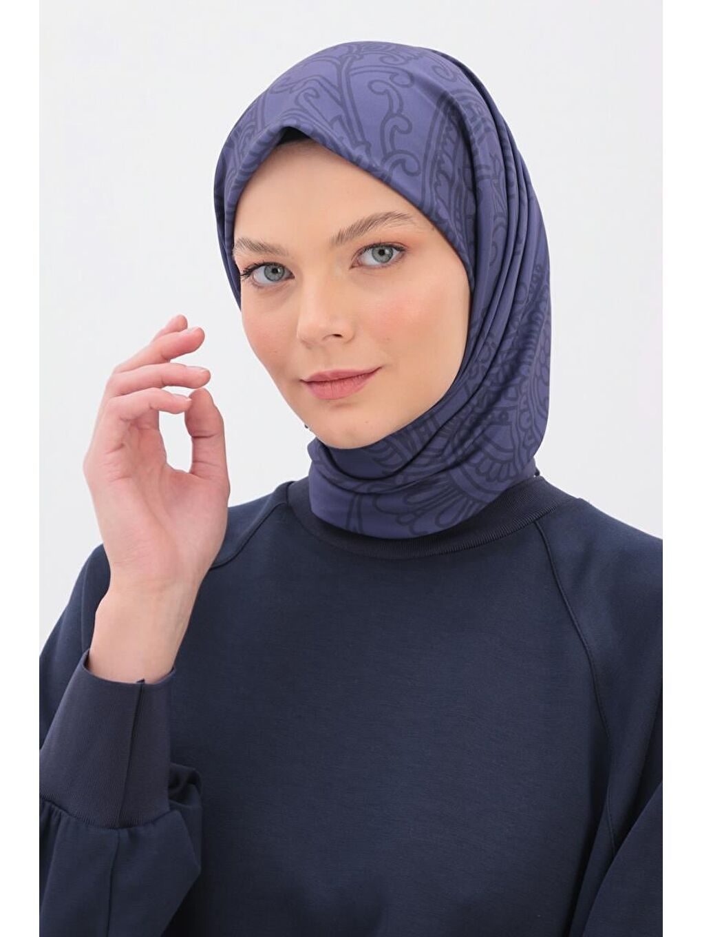 Lacivert-Desenli İpeksi Pamuk Eşarp-1