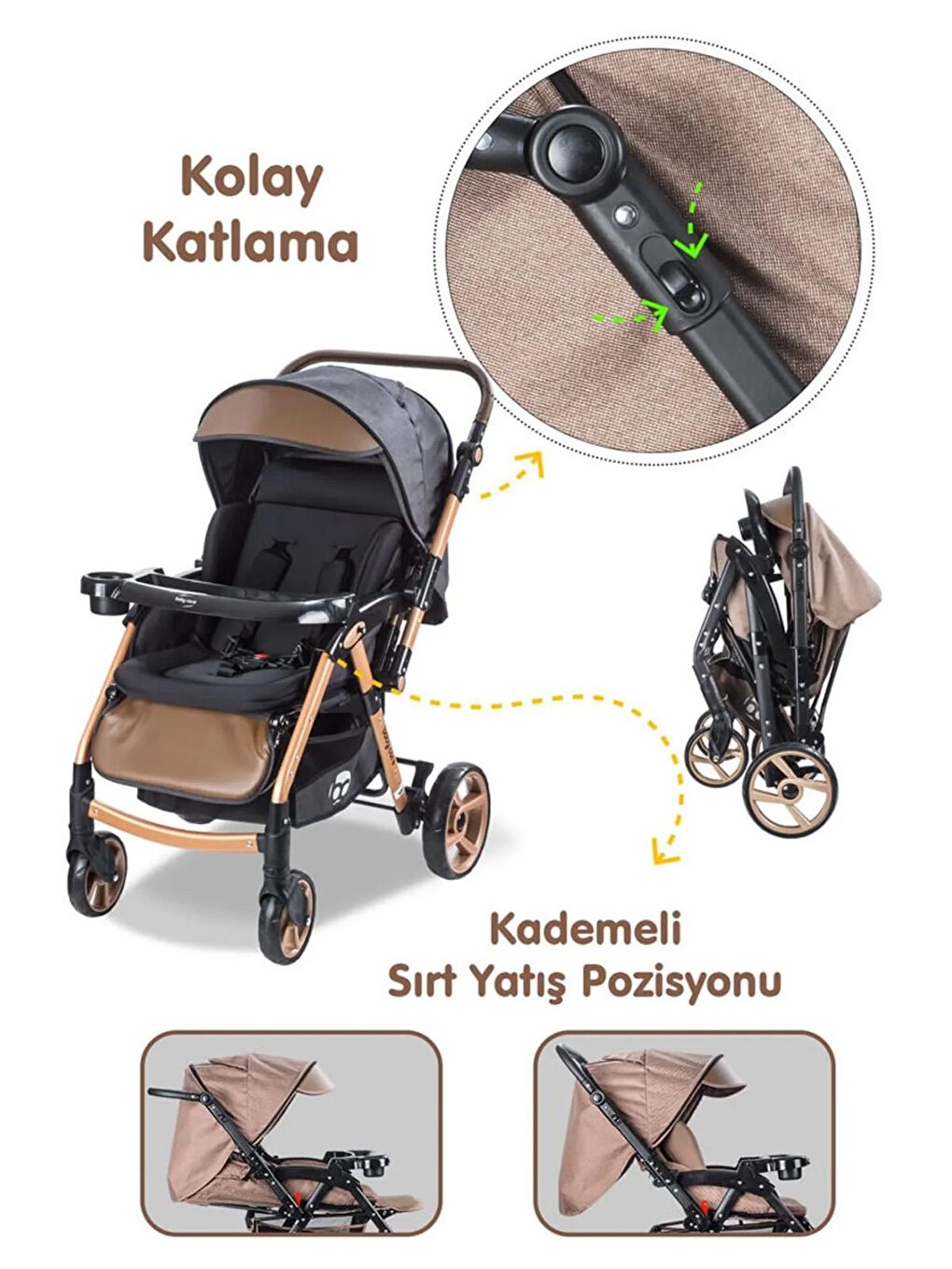 Babycare Altın Combo Maxi Pro Çift Yönlü Bebek Arabası Gold - 5