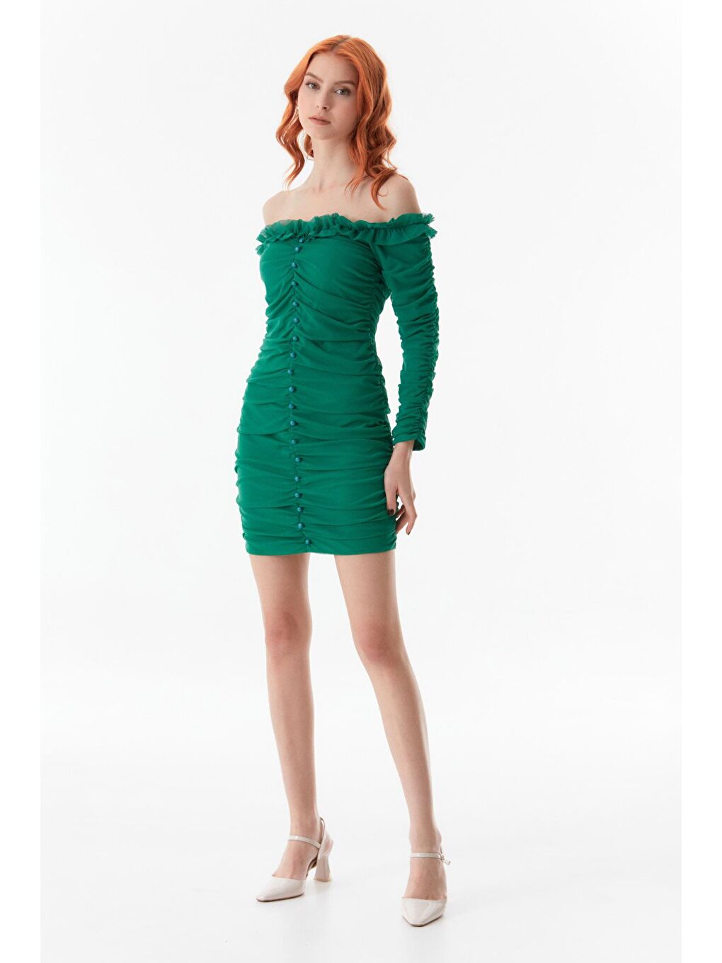 Yeşil Yanları Büzgülü Düğme Detaylı Elbise-1