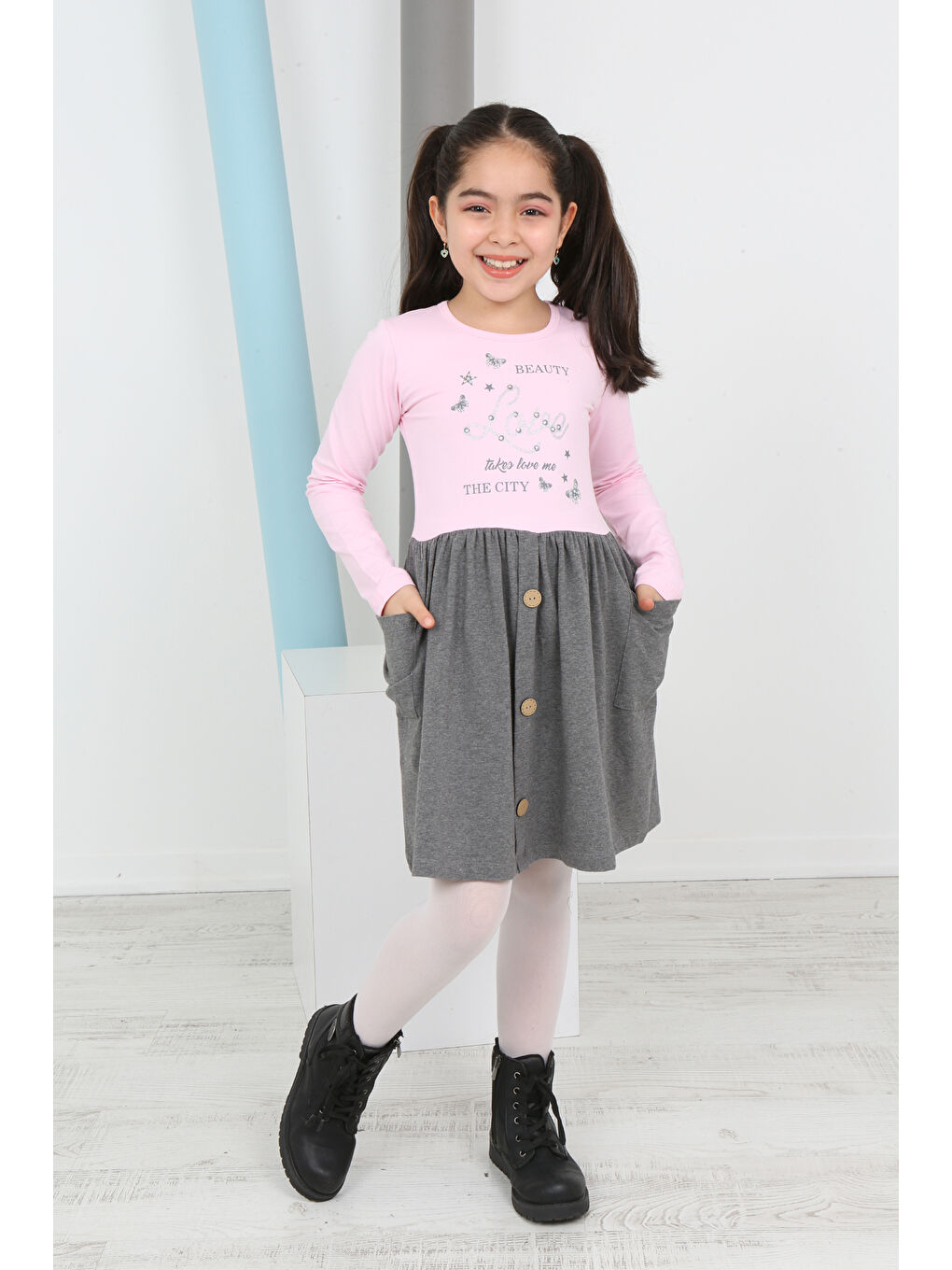 Toontoykids Pembe Kız Çocuk Beauty Love Baskılı Elbise - 1