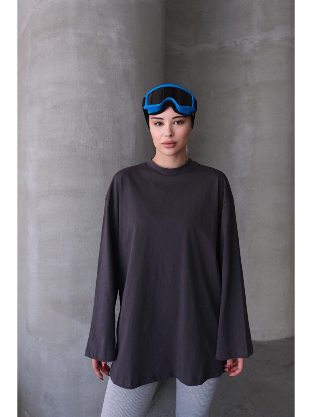 Gri Geniş Kol Oversize 2'Li Paket T-Shirt 964 Füme/Kahverengi-1