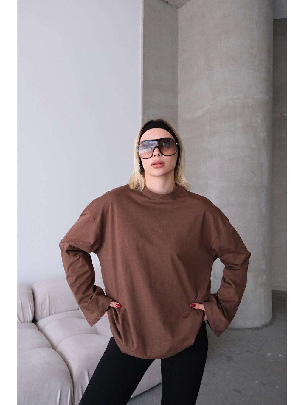 Gri Geniş Kol Oversize 2'Li Paket T-Shirt 964 Füme/Kahverengi-2