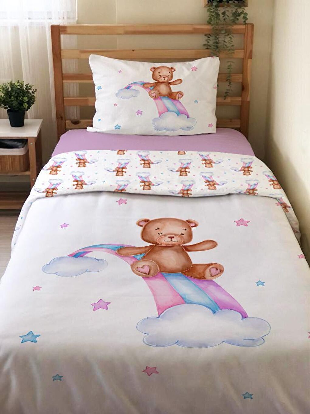 Karışık Çift Taraflı Ayıcık Desenli Çarşafsız 2'li Takım  Tek Kişilik Nevresim Takımı 160x220 Cm