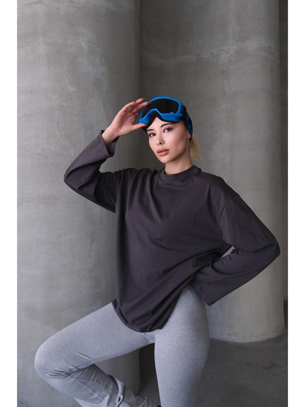 Gri Geniş Kol Oversize 2'Li Paket T-Shirt 964 Füme/Kahverengi-3