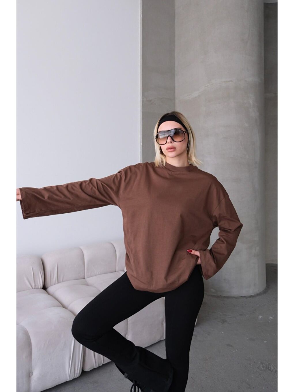 Gri Geniş Kol Oversize 2'Li Paket T-Shirt 964 Füme/Kahverengi-4