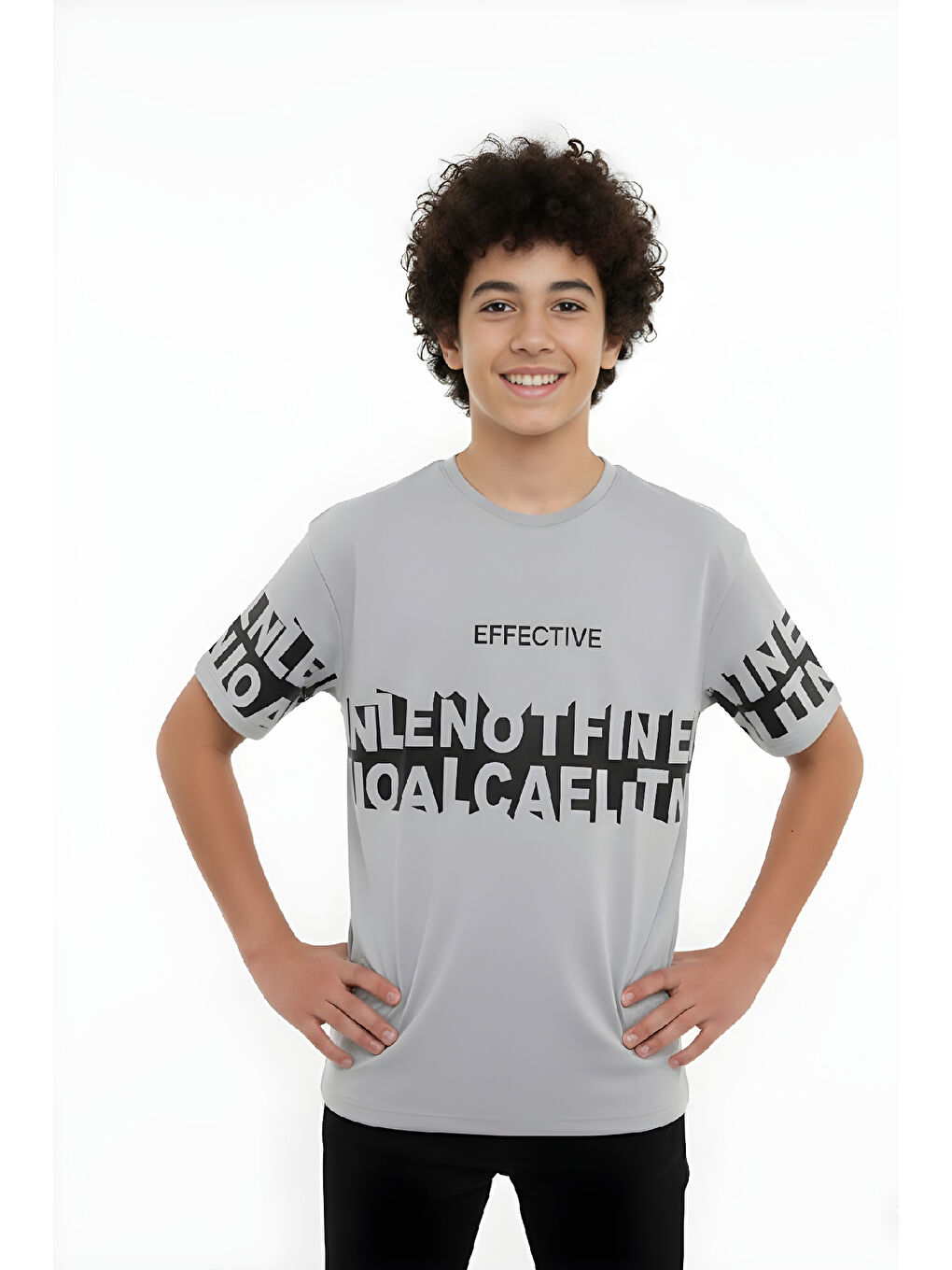 Gri Erkek Çocuk T-Shirt--Geniş Kalıp-Yazı Baskılı-12-16 Yaş 12527-1