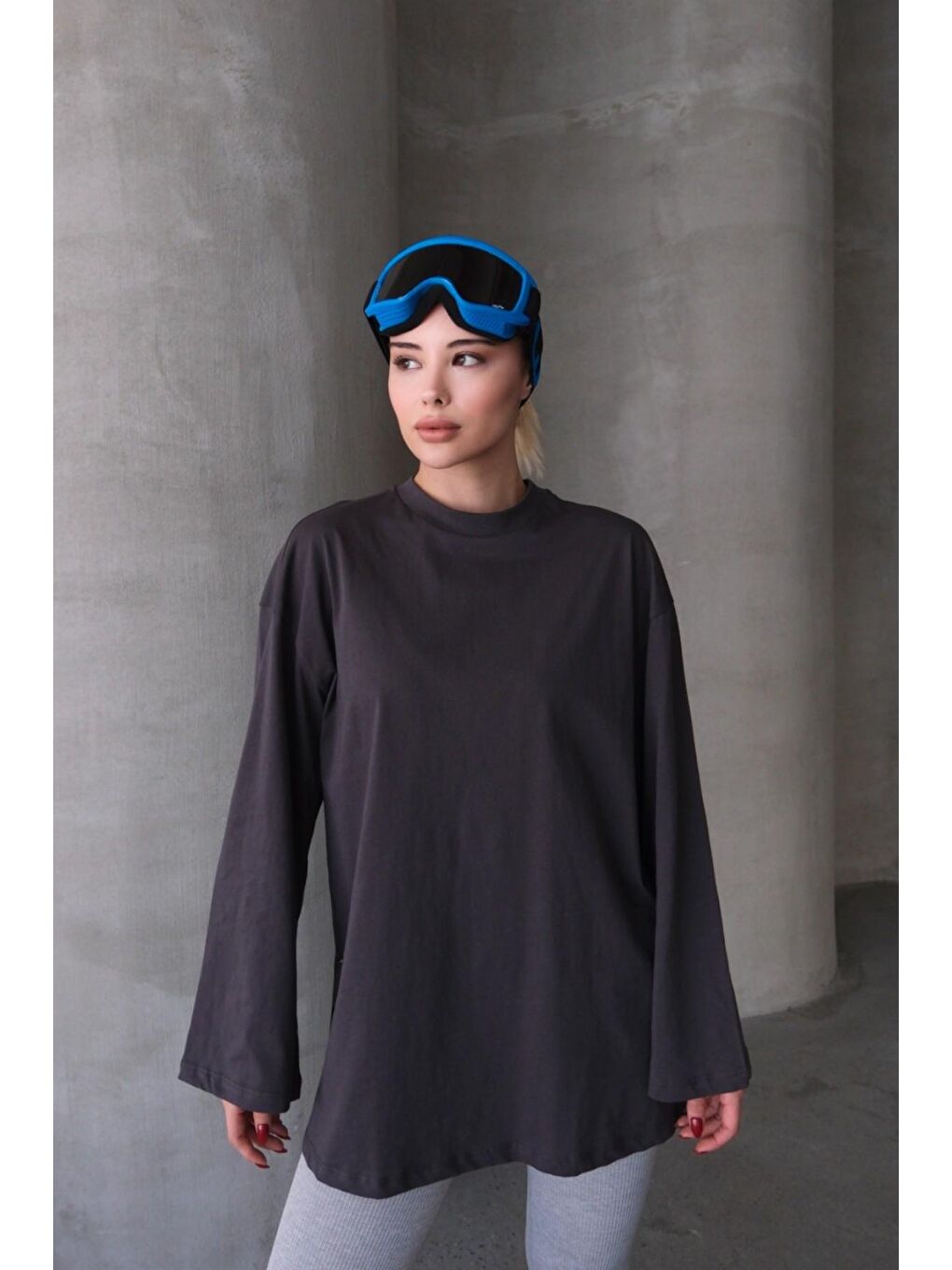 Gri Geniş Kol Oversize 2'Li Paket T-Shirt 964 Füme/Kahverengi-5