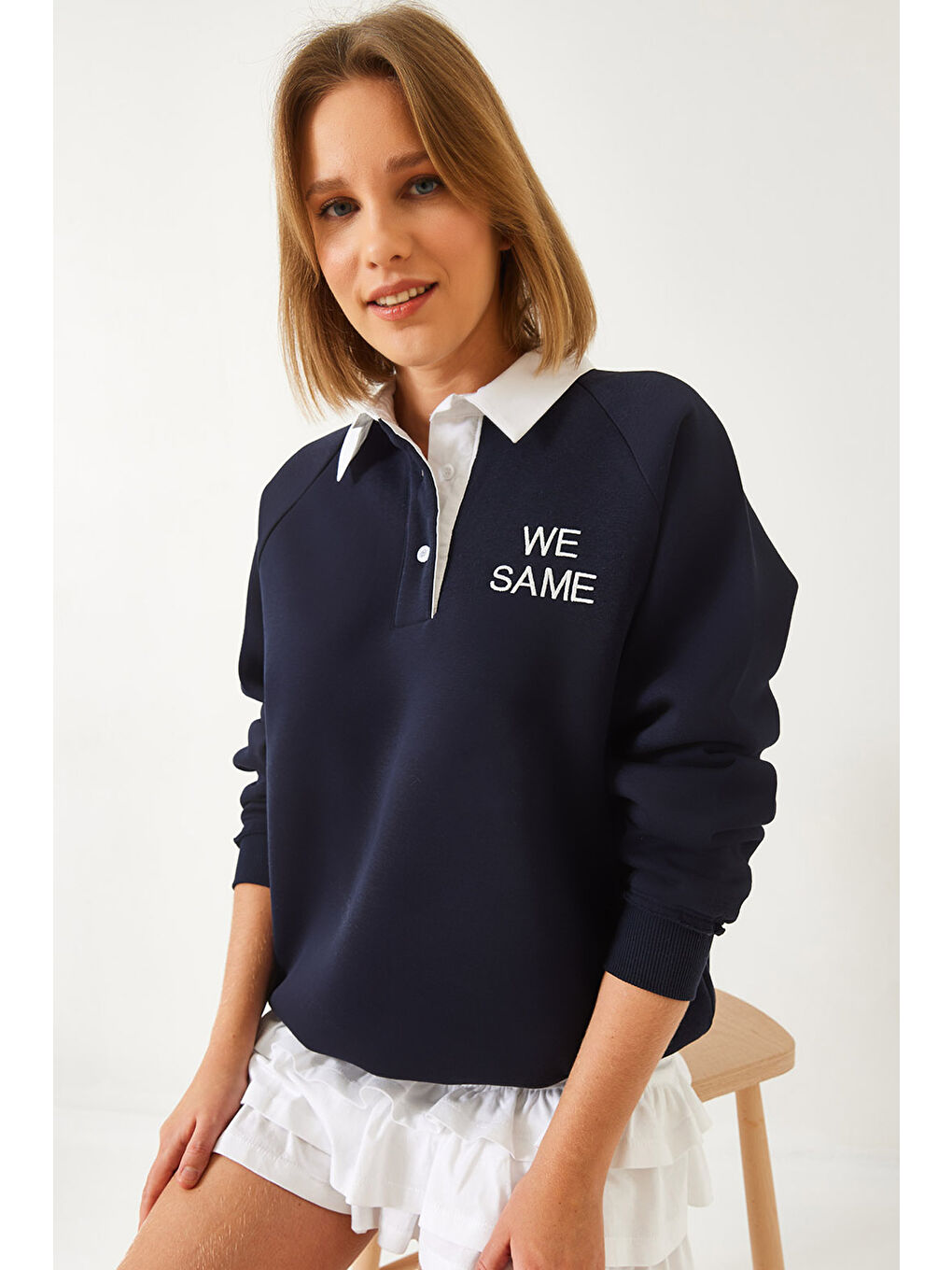 Lacivert Kadın Polo Yaka Üç İplik Şardonlu Sweatshirt