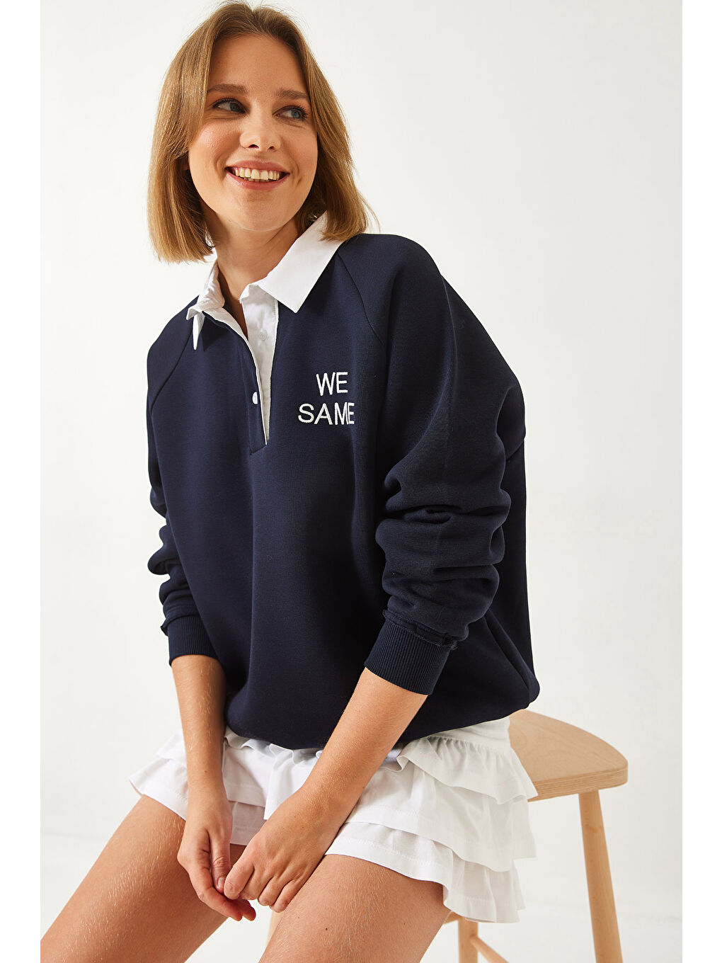 Lacivert Kadın Polo Yaka Üç İplik Şardonlu Sweatshirt-1