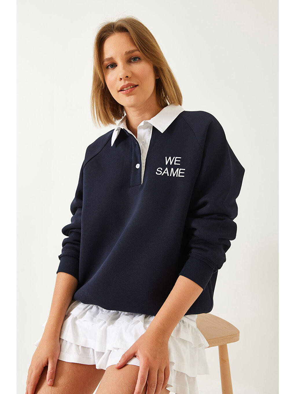 Lacivert Kadın Polo Yaka Üç İplik Şardonlu Sweatshirt-2