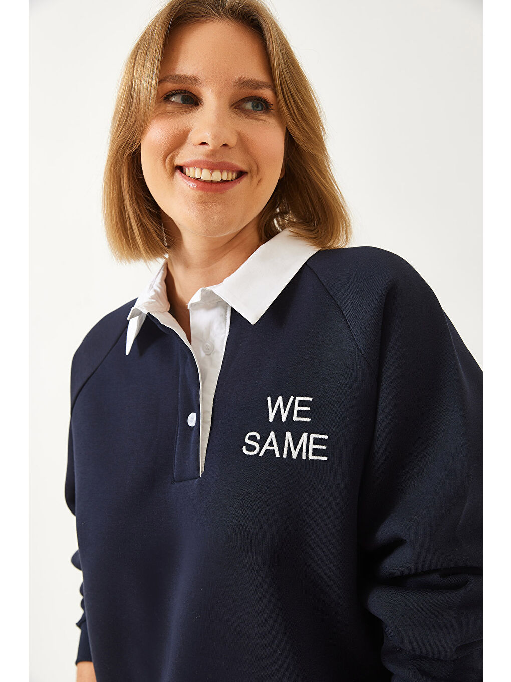 Lacivert Kadın Polo Yaka Üç İplik Şardonlu Sweatshirt-3