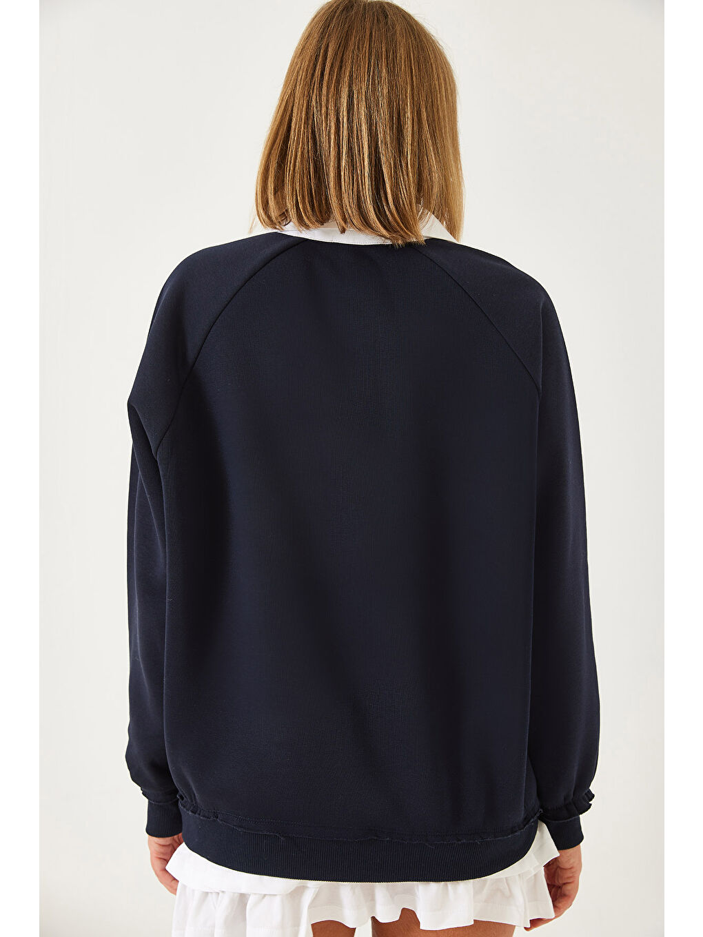 Lacivert Kadın Polo Yaka Üç İplik Şardonlu Sweatshirt-4