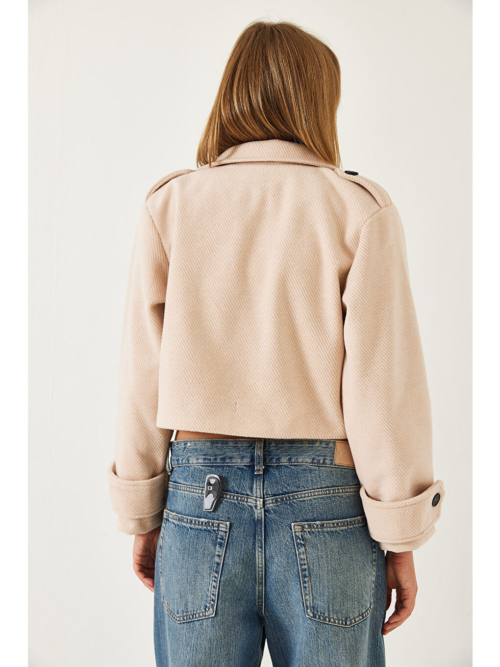 Bej Kadın Allerli Diagonel Kısa Ceket-5