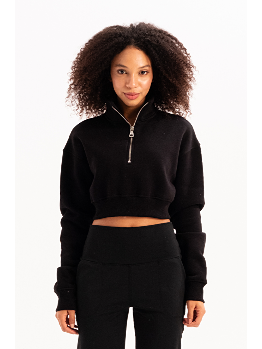 Crop Dik Yaka Yarı Fermuarlı Şardonlu Kadın Sweatshirt Vibe Siyah-2