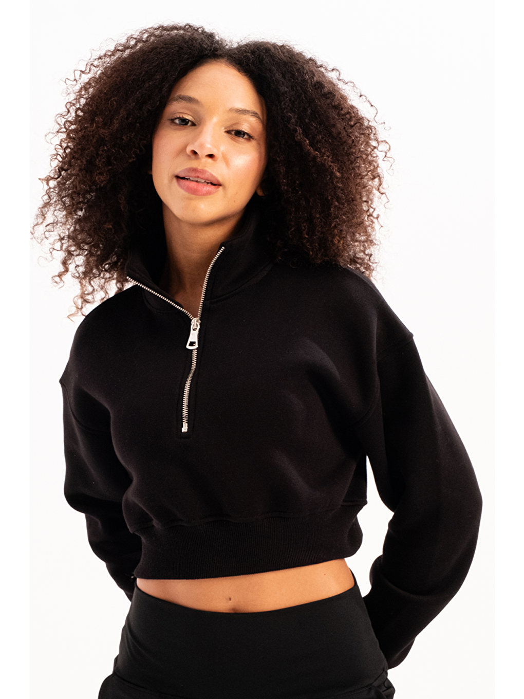 Crop Dik Yaka Yarı Fermuarlı Şardonlu Kadın Sweatshirt Vibe Siyah-3