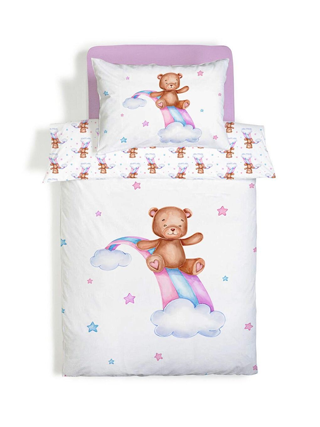 Karışık Çift Taraflı Ayıcık Desenli Çarşafsız 2'li Takım  Tek Kişilik Nevresim Takımı 160x220 Cm-1