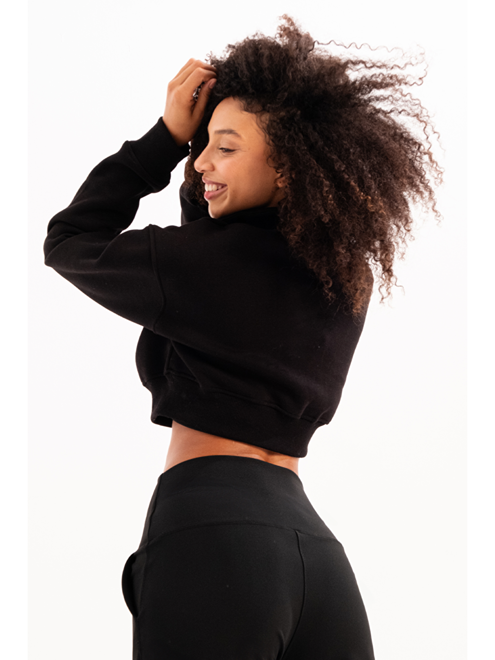 Crop Dik Yaka Yarı Fermuarlı Şardonlu Kadın Sweatshirt Vibe Siyah-4