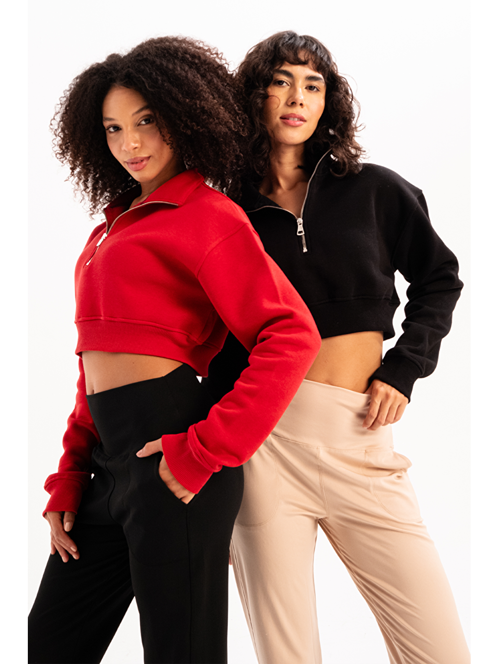 Crop Dik Yaka Yarı Fermuarlı Şardonlu Kadın Sweatshirt Vibe Siyah-5